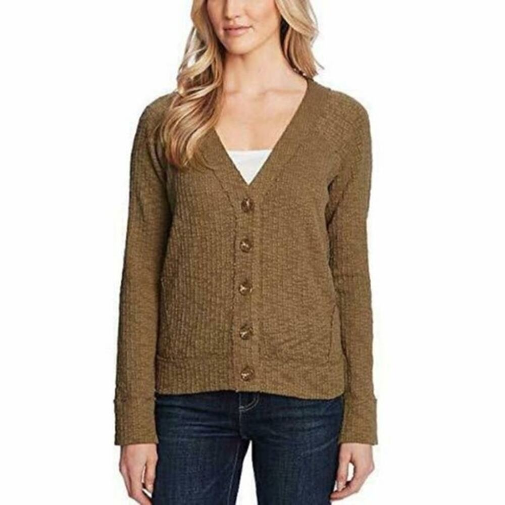 Two by Vince Camuto Textured Button Front Cardigan Sweater Green Medium
